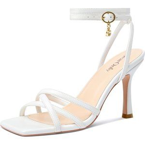 Womens Lace up Heels Stiletto Sandals Square Open Toe Strappy 3.5" Heels-White